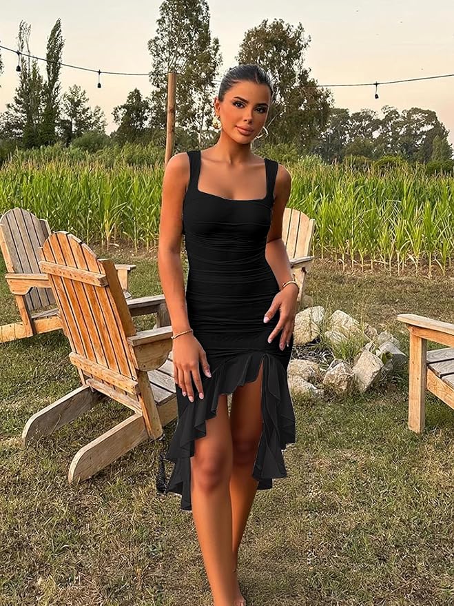 Miniatura de BORIFLORS Vestido sexy fruncido para mujer, con cuello cuadrado, sin mangas, dobladillo con volantes, vestido sin mangas para fiesta