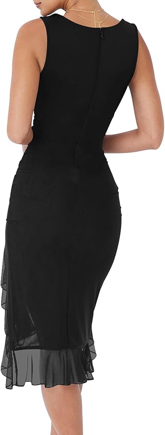 Miniatura de BORIFLORS Vestido sexy fruncido para mujer, con cuello cuadrado, sin mangas, dobladillo con volantes, vestido sin mangas para fiesta