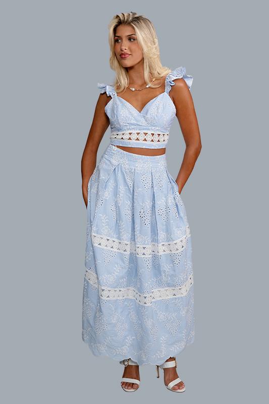 Women's Light Blue and White Eyelet Crop Top and Skirt Set - MABLE